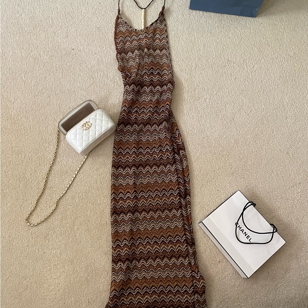 Missoni vibes Brown and Cream Crochet Backless Dress